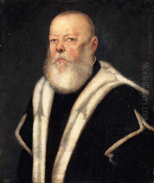 Portrait Of A Bearded Gentleman, Head And Shoulders, Wearing An Ermine-Lined Black Coat Oil Painting by Jacopo Tintoretto (Robusti)