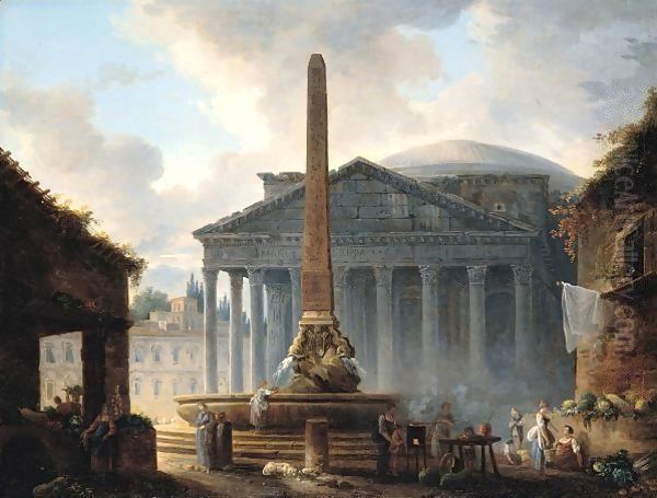 Rome, A View Of The Piazza Della Rotonda With The Pantheon And Figures Before The Obelisk Fountain Oil Painting by Hubert Robert