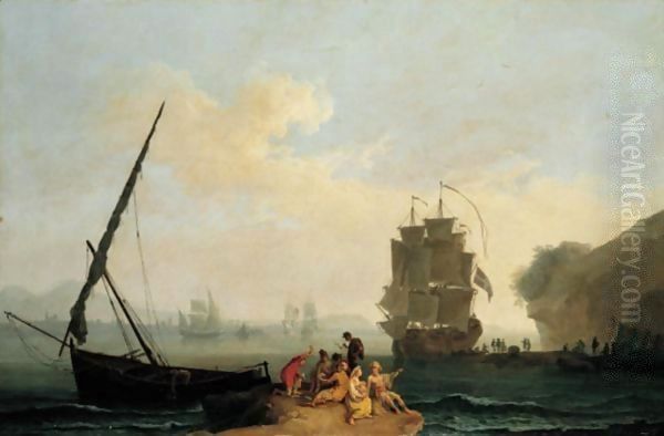 A Mediterranean Bay With A Merchantman Unloading, Seamen Playing Cards In The Foreground And A Port Beyond Oil Painting by Pierre-Jacques Volaire