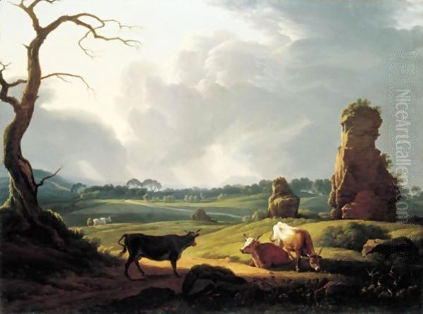 A View Of The Roman Campagna With Cattle Grazing And A Storm Approaching Oil Painting by Hendrik Voogd