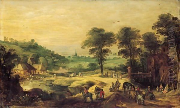 Extensive Landscape With Travellers On A Road Outside A Chateau With A Village Beyond Oil Painting by Josse de Momper