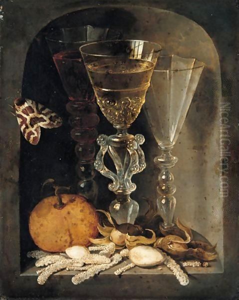 A Still Life Of Three Wine Glasses, An Orange, Sweetmeats, Hazelnuts And A Moth In A Stone Niche Oil Painting by Osias, the Elder Beert