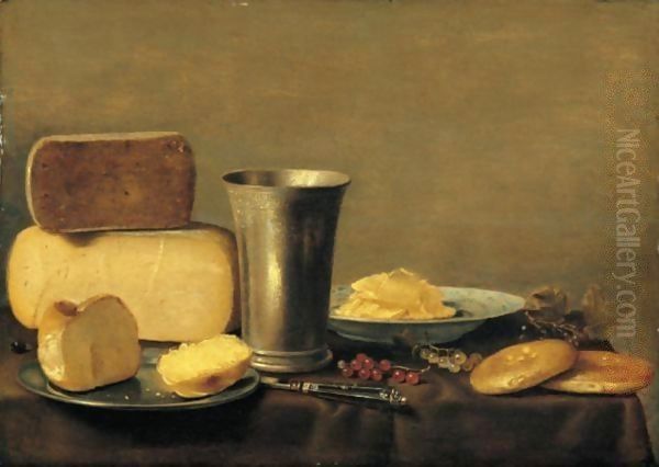 A Still Life Of Cheese, A Silver Beaker, Bread On A Pewter Dish, Butter In A Blue-And-White Bowl, Together With Red- And White-Currants, A Knife And Biscuits On A Table Draped With A Green Cloth Oil Painting by Floris Gerritsz. van Schooten