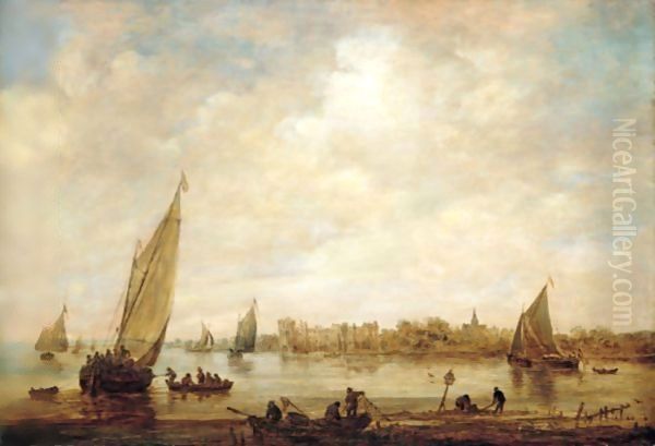 A River Landscape, With Fishermen And Small Vessels , And A Distant View Of Rupelmonde Castle, Seen From Across The River Schelde Oil Painting by Jan van Goyen