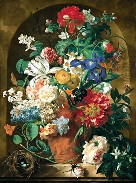 A Still Life Of Flowers In A Terracotta Vase Upon A Marble Ledge Before A Niche Oil Painting by Jan Van Huysum