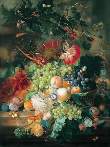 A Still Life Of Fruit In A Basket With Flowers And Other Fruit, All Upon A Marble Ledge Before An Urn And Column Oil Painting by Jan Van Huysum