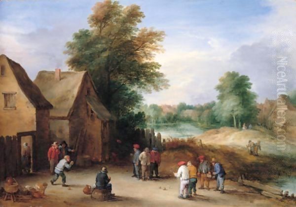 A Village Scene With Boors Playing Skittles Outside A Tavern Oil Painting by Theobald Michau