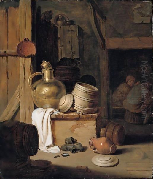 A Barn Interior With A Still Life Of Various Pots, Barrels, And Baskets With A Cat, Boors Seated Beyond Oil Painting by Hendrick Maertensz. Sorch (see Sorgh)