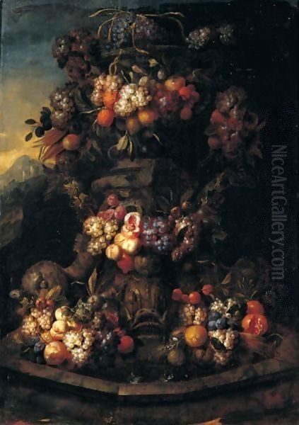 Still Life Of Swags Of Fruit Adorning A Stone Fountain Oil Painting by Jan Pauwel Gillemans The Elder