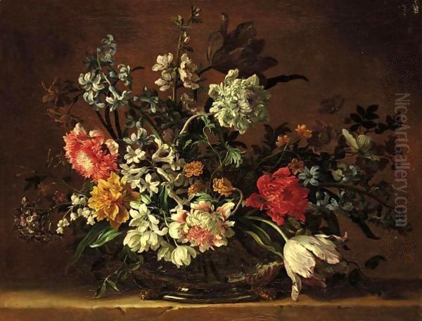 A Still Life Of Flowers In A Glass Vase On A Stone Ledge Oil Painting by Jean-Baptiste Monnoyer