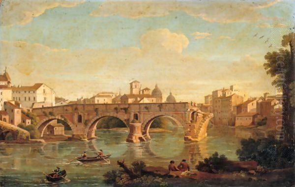 Rome, A View Of The Ponte Rotto With The Basilica Of Saint Peter's In The Distance Oil Painting by Giacomo Van Lint