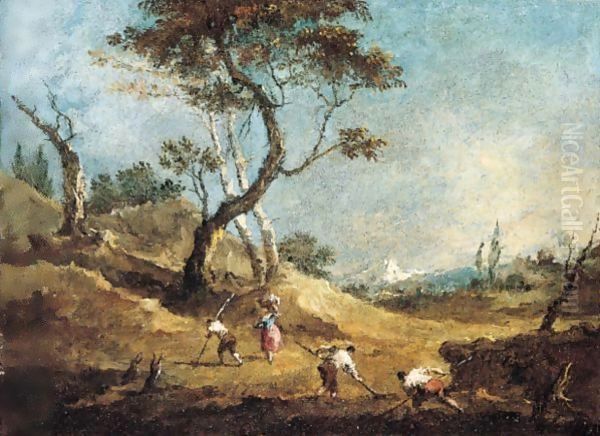 A Pastoral Landscape With Peasants Hoeing And A Washerwoman Before Some Trees Oil Painting by Francesco Guardi