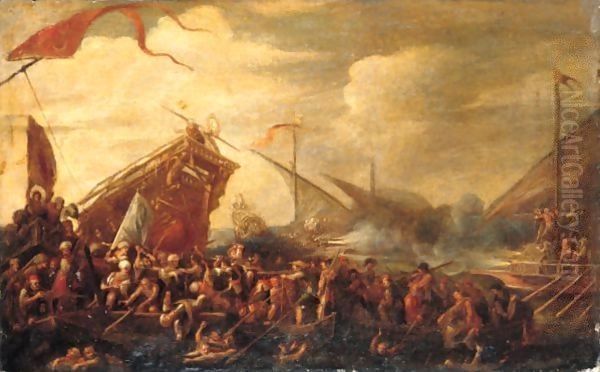 A Naval Battle Between Turks And Christians Oil Painting by Cornelis de Wael