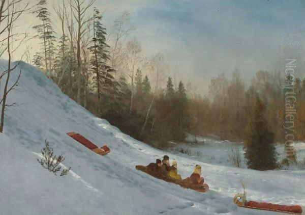 Tobogganing Oil Painting by Albert Bierstadt