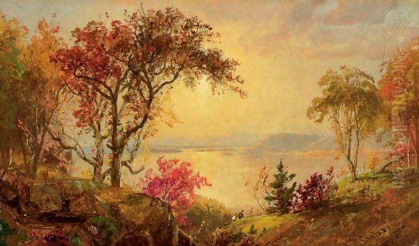 Lake Scene With Hikers In Vale Oil Painting by Jasper Francis Cropsey