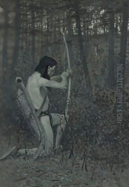 Then, Upon One Knee Uprising, Hiawatha Aimed An Arrow Oil Painting by Frederic Remington