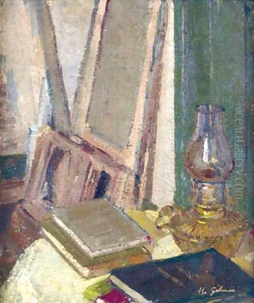 Studio Interior With Oil Lamp Oil Painting by Harold Gilman