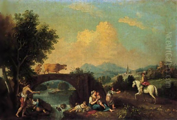 Paesaggio Fluviale Con Ponte, Contadini Ed Un Cavaliere Oil Painting by Italian School