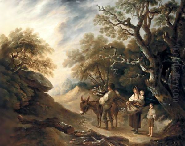 A Wood Gatherer And His Family Loading A Donkey In An Extensive Landscape Oil Painting by Thomas Barker of Bath