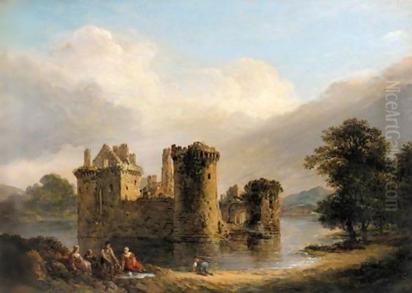 A Family Picnic In Front Of Loch Leven Castle, Kinross Oil Painting by Alexander Nasmyth