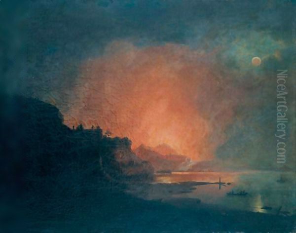 Vesuvius In Eruption Seen From Posillipo Oil Painting by Josepf Wright Of Derby