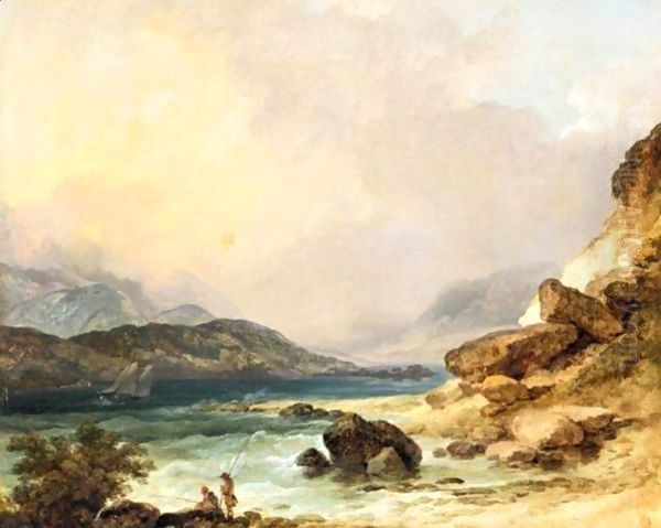 And Two Fishermen On The Bank Of An Estuary In The Lake District Oil Painting by Julius Caesar Ibbetson