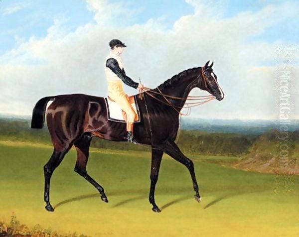 Filho Da Puta, A Dark Bay Racehorse With Thomas Goodisson Up Wearing The Colours Of Mr Thomas Houldsworth Oil Painting by John Frederick Herring Snr