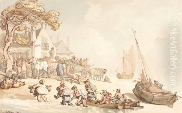 Travellers Landing On The Coast Of Holland Oil Painting by Thomas Rowlandson