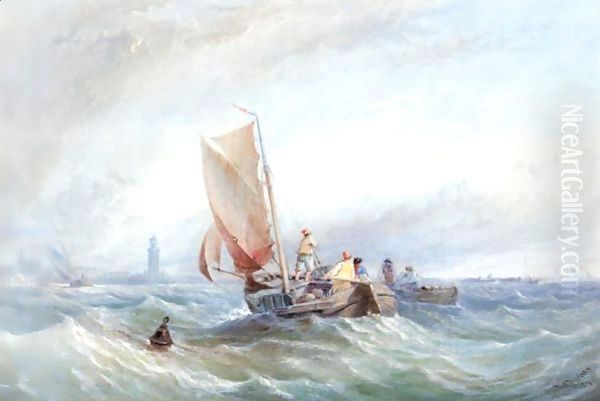 Fishing Boats In Choppy Seas Off The Coast Oil Painting by Thomas Sewell Robins