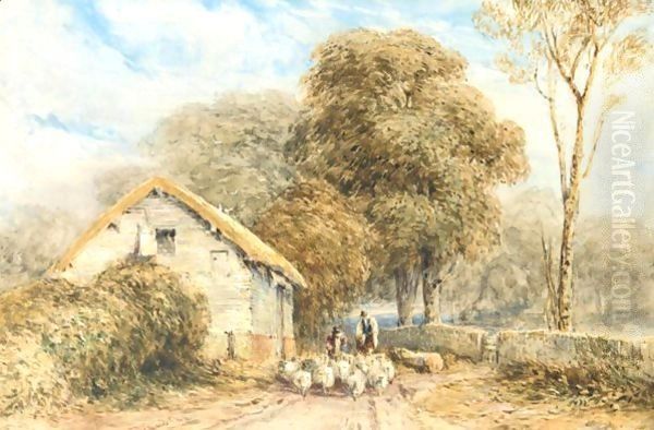 A Shepherd And Sheep By A Barn On A Country Road Oil Painting by David Cox