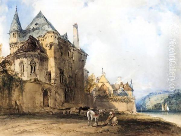 A Figure And Horse On The Banks Of The Rhine At Boppart Oil Painting by William Callow