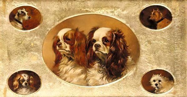 A Jack Russell, A Terrier, A Spaniel, A West Highland Terrier, Two King Charles Spaniels Oil Painting by Alfred Wheeler