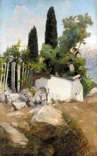 Landscape With Well And Cypress Trees Oil Painting by Vasily Polenov