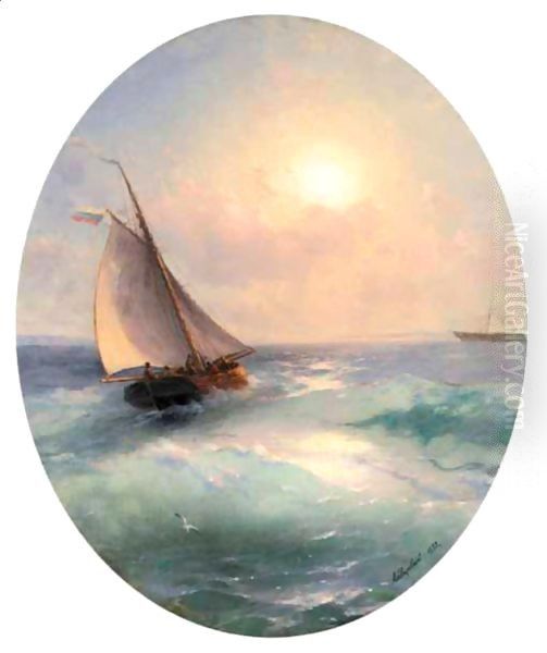 Sailing Boat At Sunset Flying The Russian Tricolour Oil Painting by Ivan Konstantinovich Aivazovsky