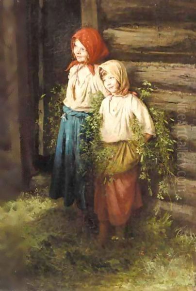 Two Young Peasant Girls Oil Painting by Kirill Vikentevich Lemokh