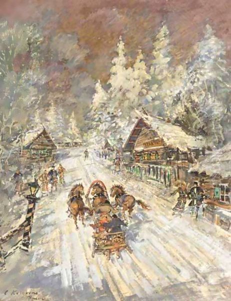 Racing Troika, Tverskaya Gubernia Oil Painting by Konstantin Alexeievitch Korovin