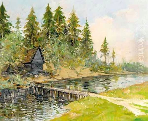 Dacha By The River Oil Painting by Konstantin Alexeievitch Korovin