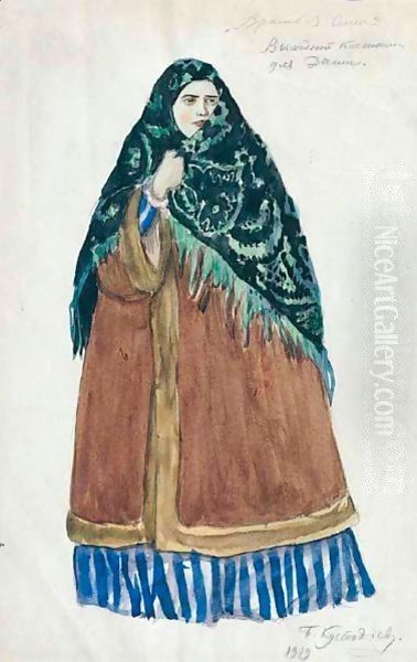 Costume Design For Dasha, The Merchant's Wife 2 Oil Painting by Boris Kustodiev