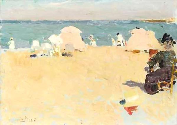 En La Playa, Biarritz (On The Beach, Biarritz) Oil Painting by Joaquin Sorolla Y Bastida