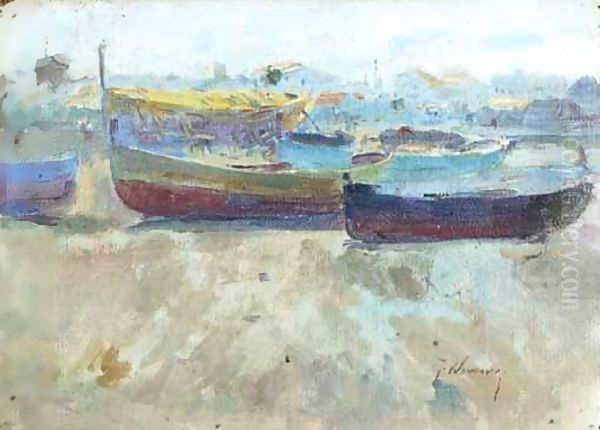 Barcas En La Playa (Boats On The Beach) Oil Painting by Jose Navarro Llorens