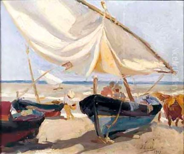 Barcas En La Playa (Boats On The Beach) Oil Painting by Joaquin Sorolla Y Bastida