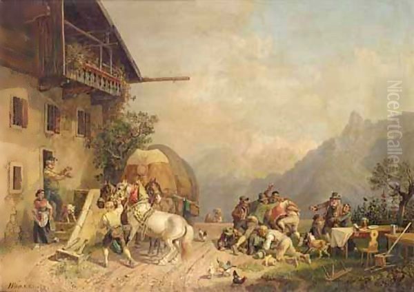 Rauferei Vor Einem Wirtshaus (Brawl By An Inn) Oil Painting by Heinrich Burkel