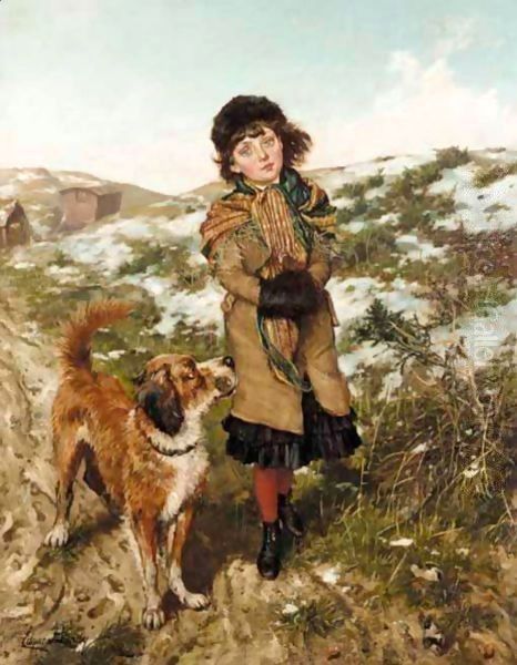 A Winter Walk Oil Painting by Edgar Bundy