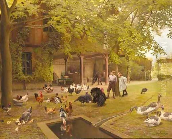 A French Farmyard With Poultry And Children Oil Painting by Charles Bertrand D'entraygues