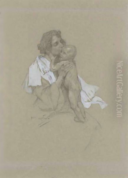 Mother And Child Oil Painting by Alphonse Maria Mucha