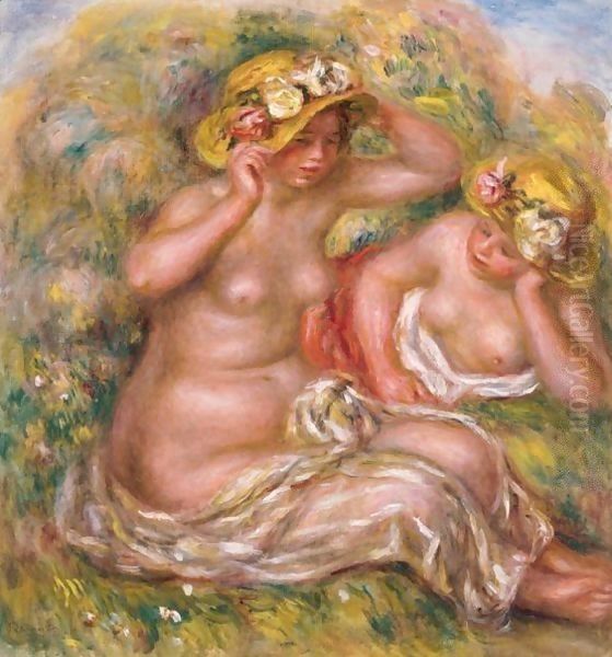 Deux Femmes Avec Des Chapeaux A Fleurs Oil Painting by Pierre Auguste Renoir