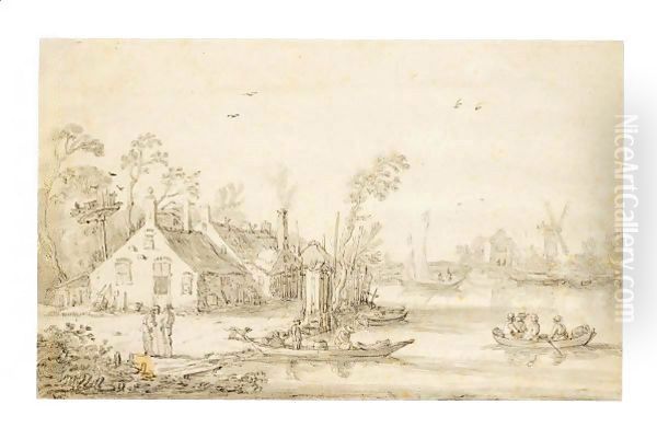 River Landscape With Boats By Cottages, And A Mill Behind Oil Painting by Esaias Van De Velde