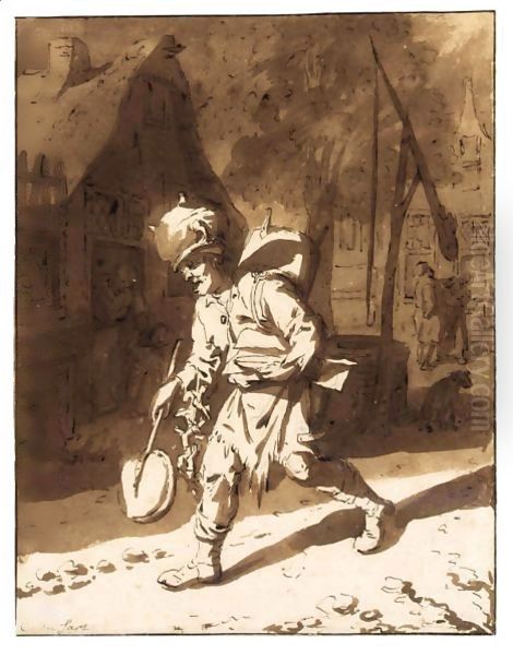 A Tinker Walking Down A Village Street Oil Painting by Cornelis Dusart