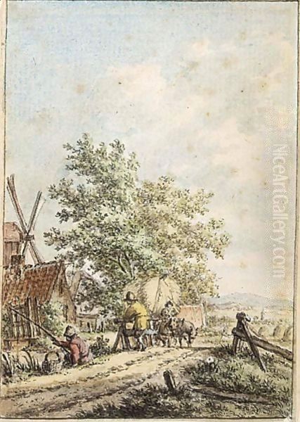 Summer Landscape With A Fisherman And Other Figures By A Farm Oil Painting by Jacob Cats