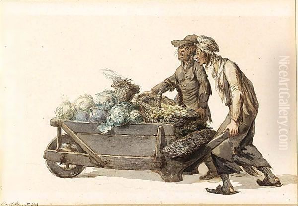 Two Market-Vendors Wheeling A Barrow Full Of Cabbages Oil Painting by Christoffel Meijer